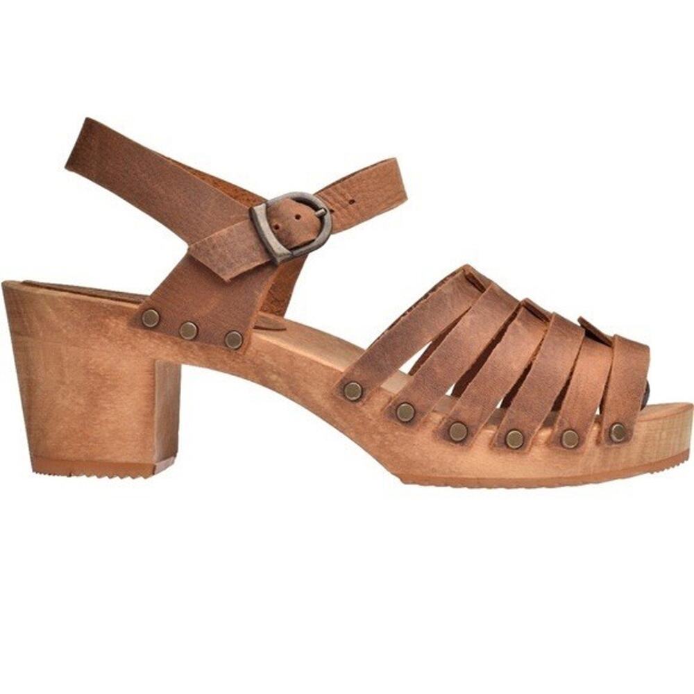 Sanita Silo Clog Sandal Women 39 Strappy Full Grain Leather Wooden Studded Brown